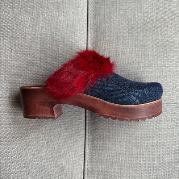 Yoshiko Powell Denim Clogs with real Fur - Picture 2 of 7